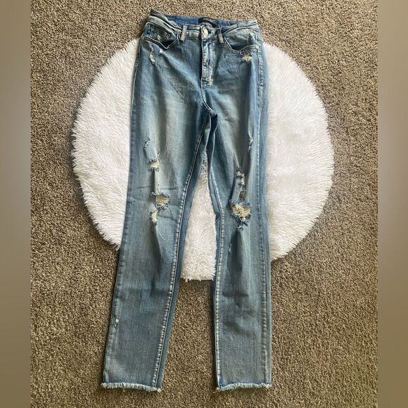 Judy Blue Boyfriend Fit Jeans Distressed Womens Size 7 28 Stretchy Raw Ankle - Picture 1 of 10